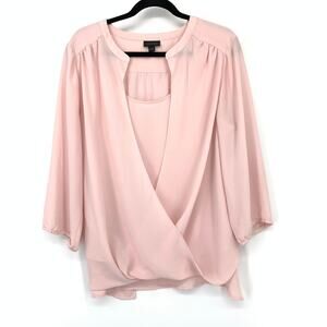 J.Jill Wearever Women's L Blouse Top Split Neck Pleated Yoke Blush Pink 3/4 Slv
